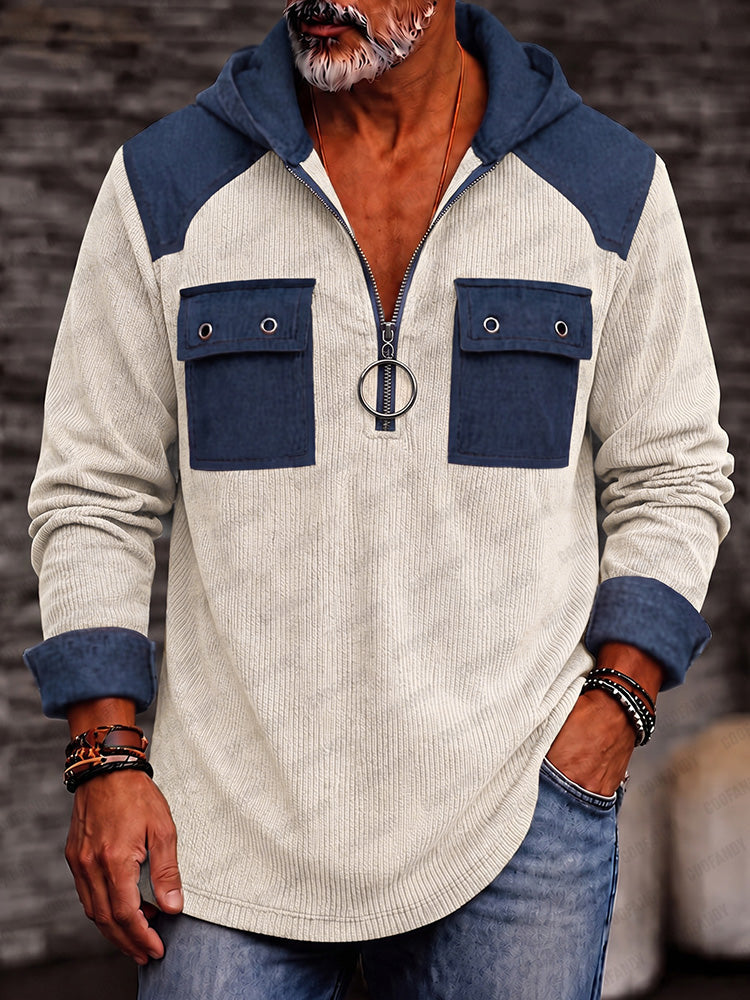 Utility Faux Denim Patchwork Knit Hoodie