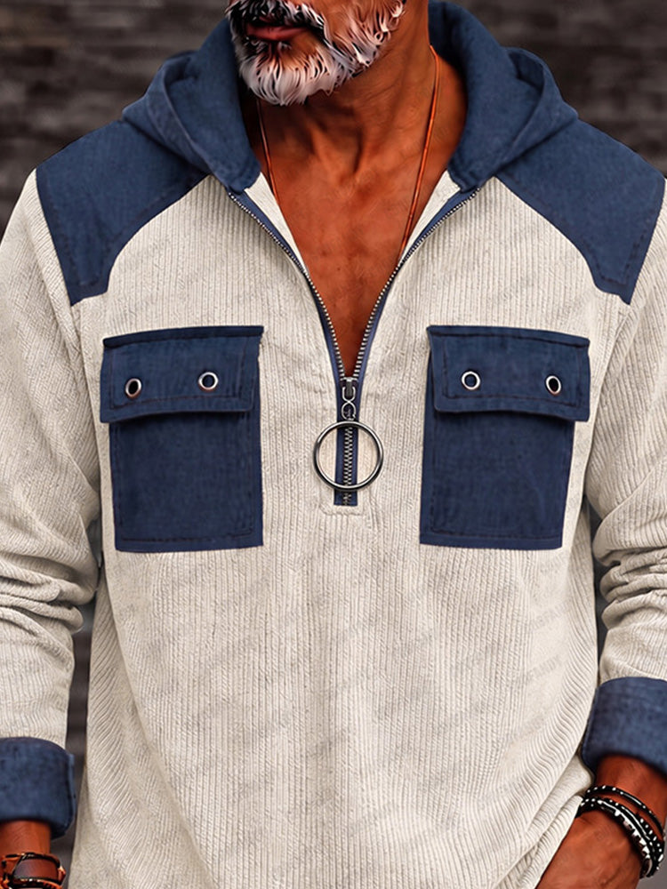Utility Faux Denim Patchwork Knit Hoodie