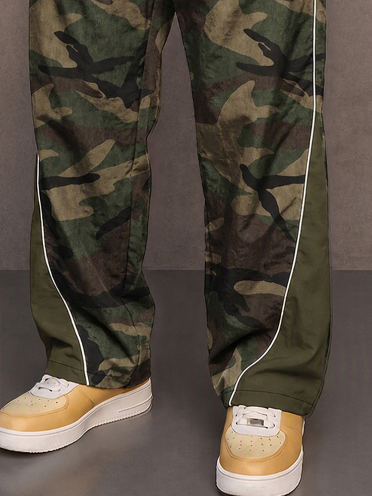 Casual Contrast Piping Camo Patchwork Pants