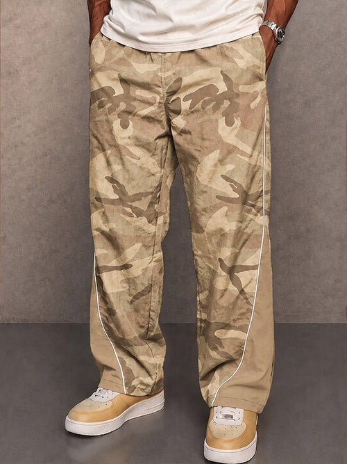 Casual Contrast Piping Camo Patchwork Pants
