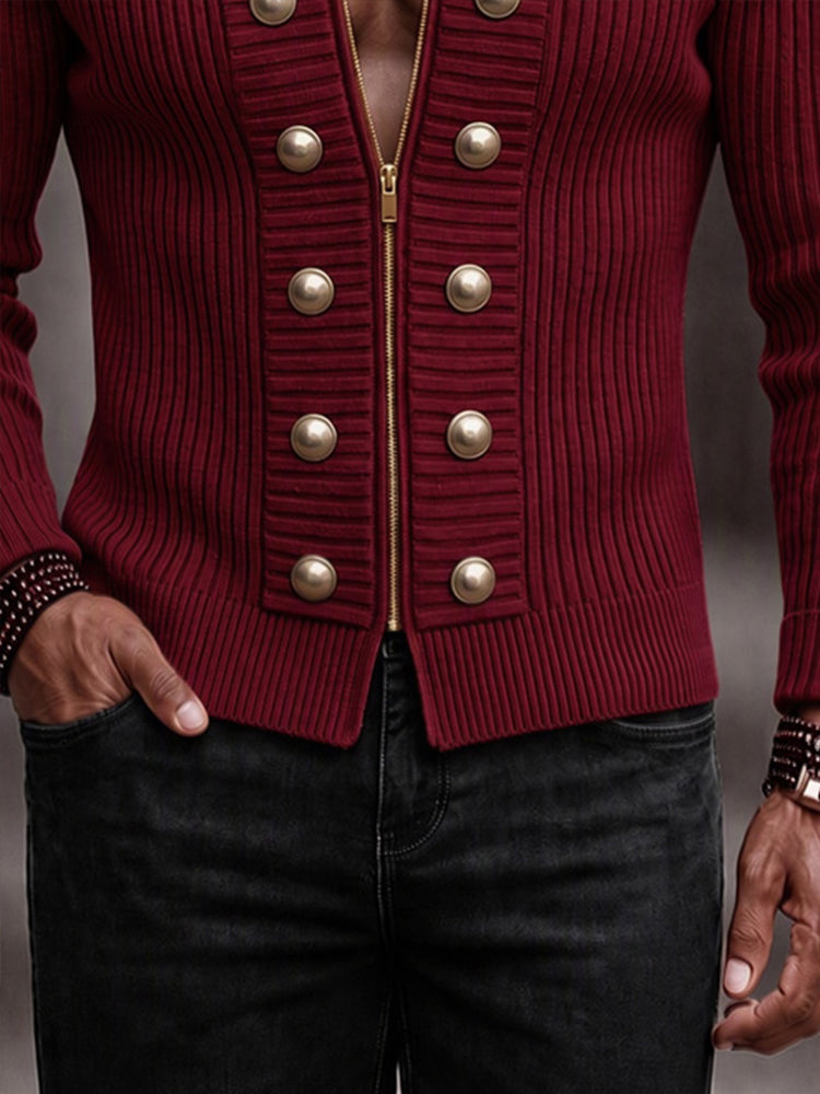 Refined Casual Button Accent Zip Knit Cardigan