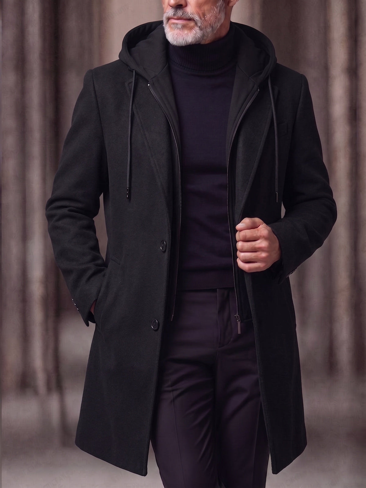 Faux Two-Piece Hooded Wool Blend Overcoat