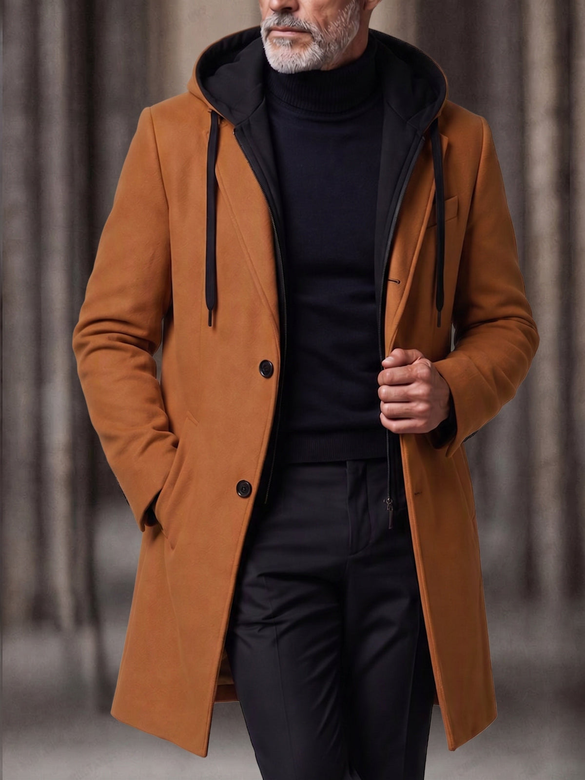 Faux Two-Piece Hooded Wool Blend Overcoat