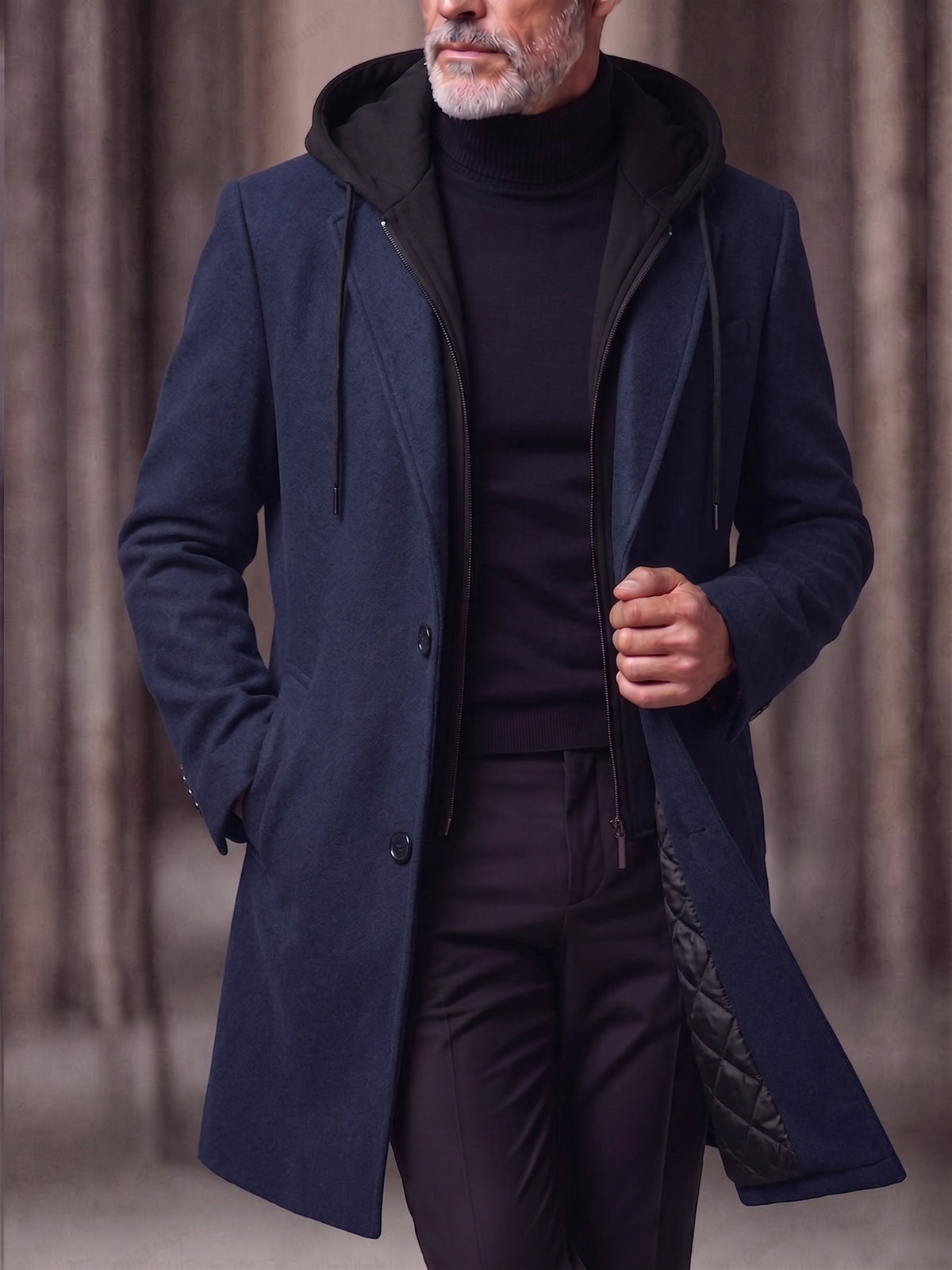 Faux Two-Piece Hooded Wool Blend Overcoat